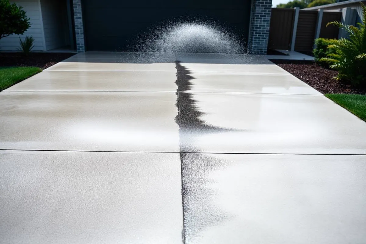 Driveway pressure washing showing clean and dirty contrast